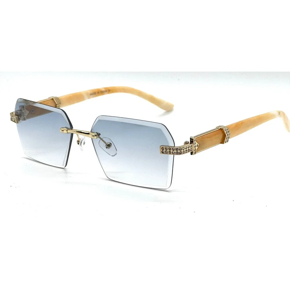 Rimless Sunglasses Octagon Lens Rhinestone Accents Wood Arms Fashion‎